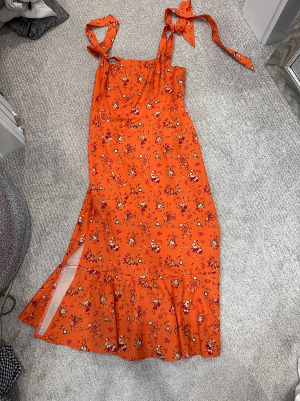 Orange Floral Tie-Strap Women’s Midi Dress